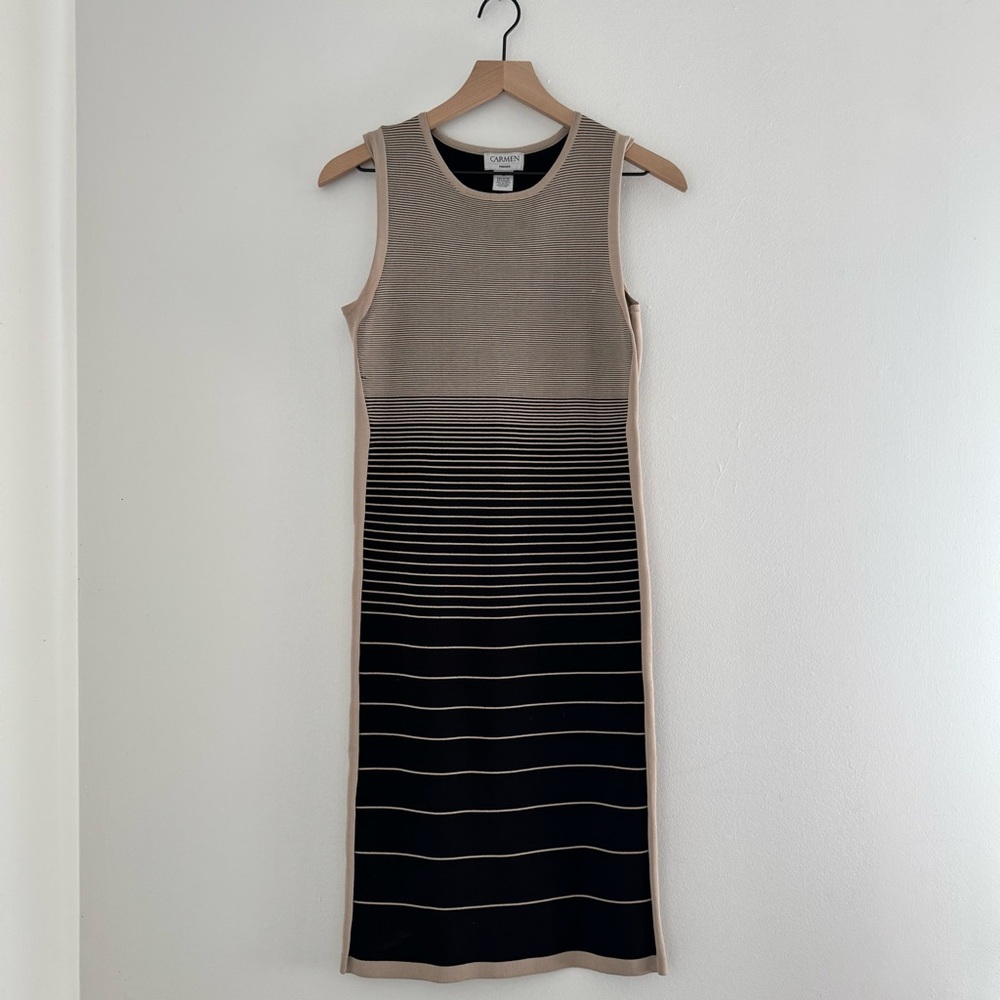 Carmen Marc Valvo Ombre Black Tan Sleeveless Midi Dress Medium